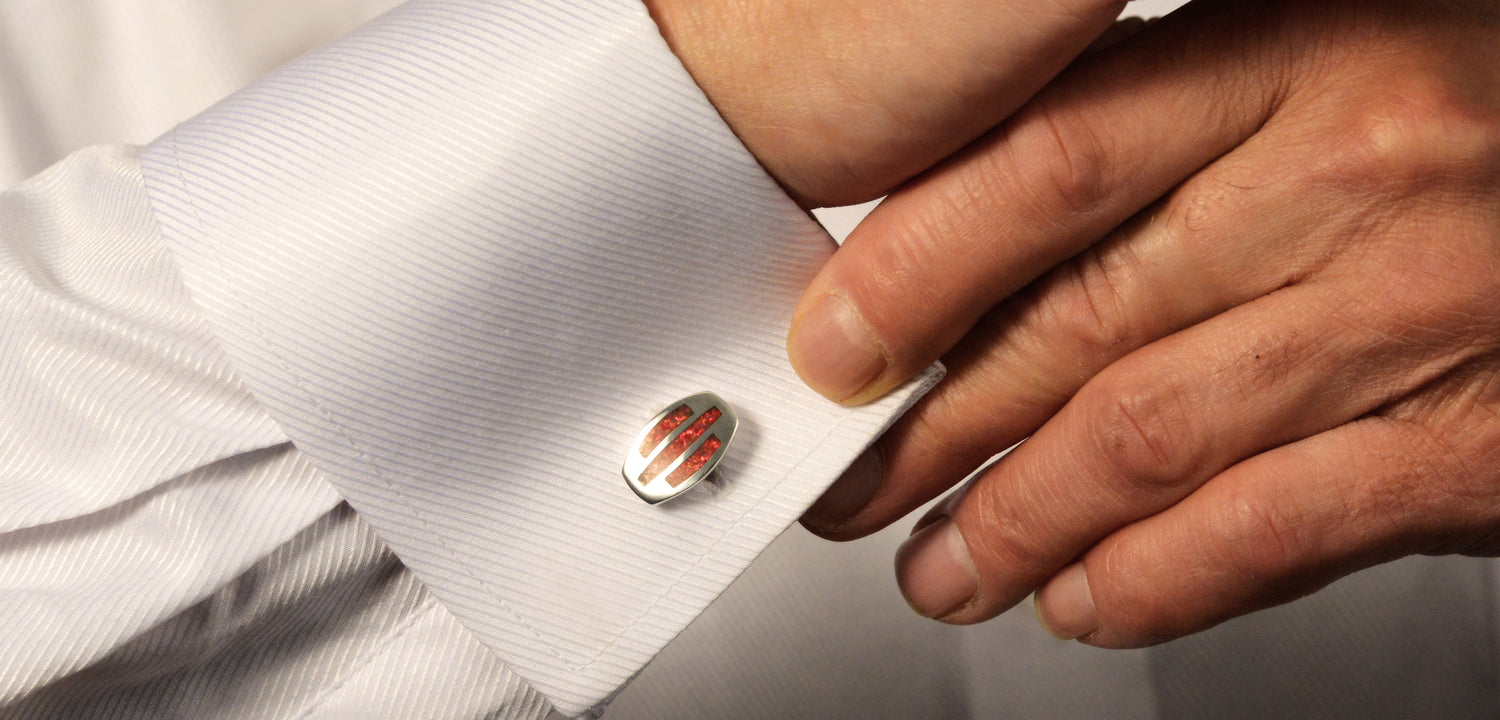 Opals & Ashes Trinity Cufflinks Silver. Modelled on male. Ashes blended with Ruby Red Opals.