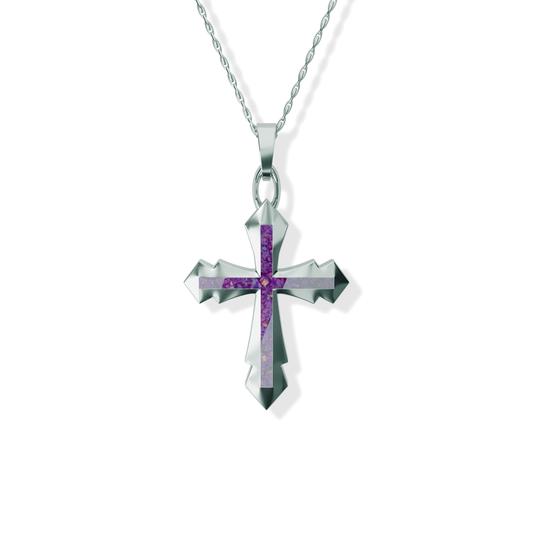 Opals & Ashes Decorative Cross Unisex Memorial Pendant Silver. Ashes blended with Lavender Opals.