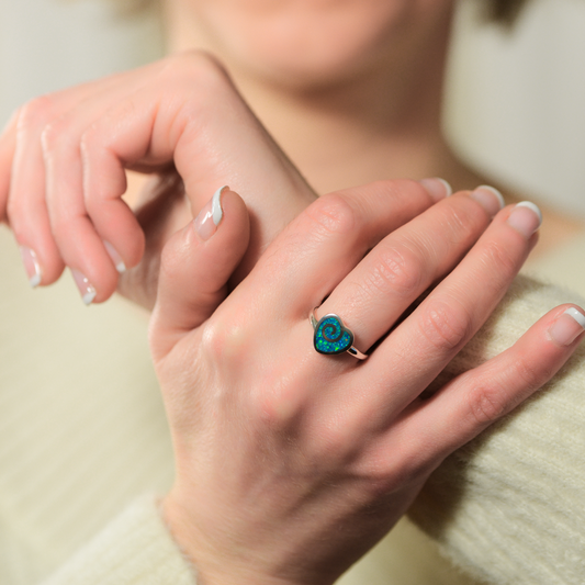 Opals & Ashes Spiral Heart Ring Pacific Blue Modelled