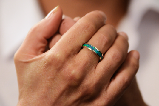 Ashes Jewellery For men Opals and Ashes Circle ring Sterling silver Pacific Blue Modelled