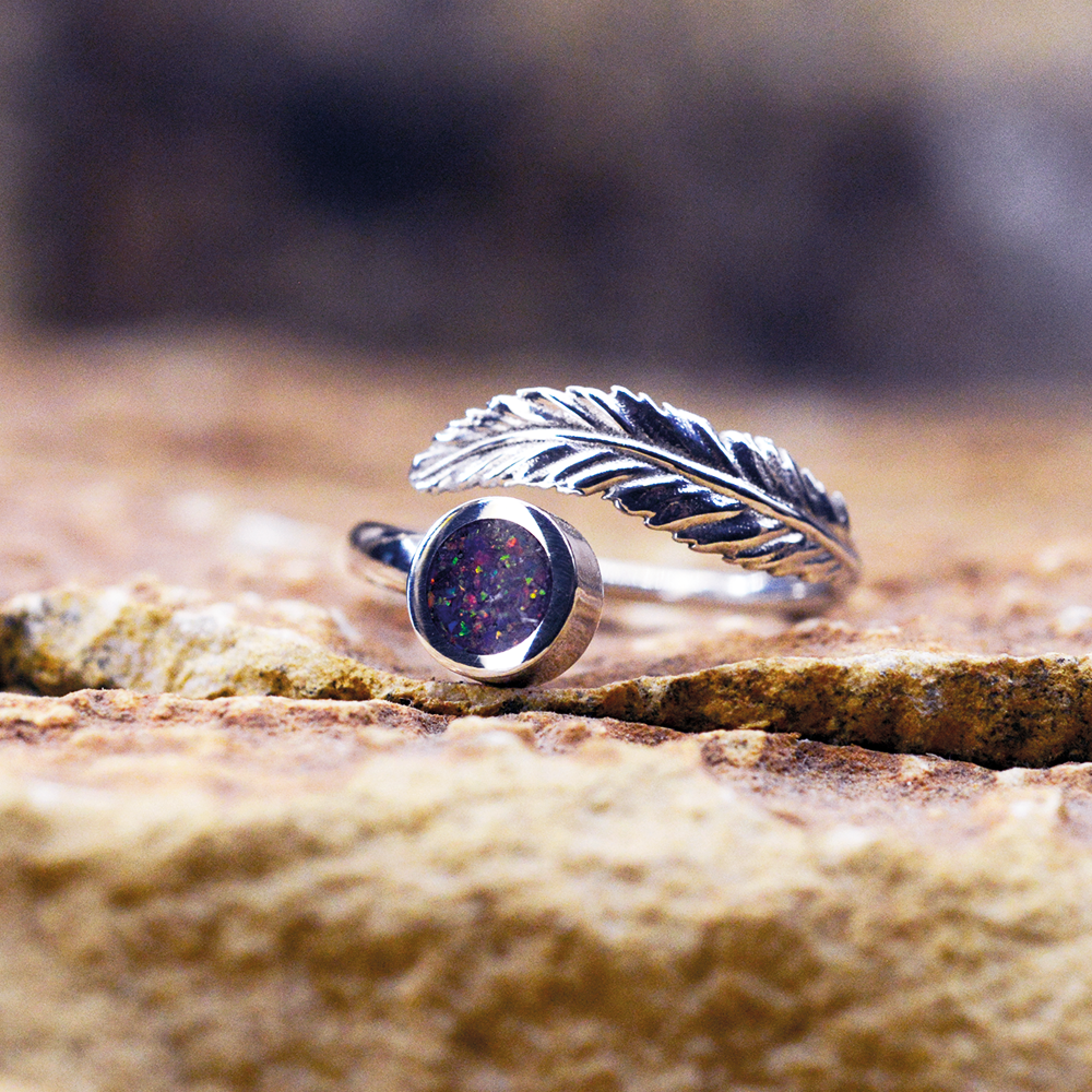 Opals & Ashes Angel Feather Memorial Ring. Sterling Silver, Lavender opals blended with our customers loved one’s ashes
