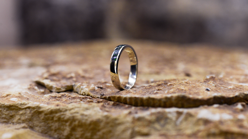 Half Circle Ashes Ring Cast in 9ct white gold filled with ruby black fire blended with customers loved one’s ashes.