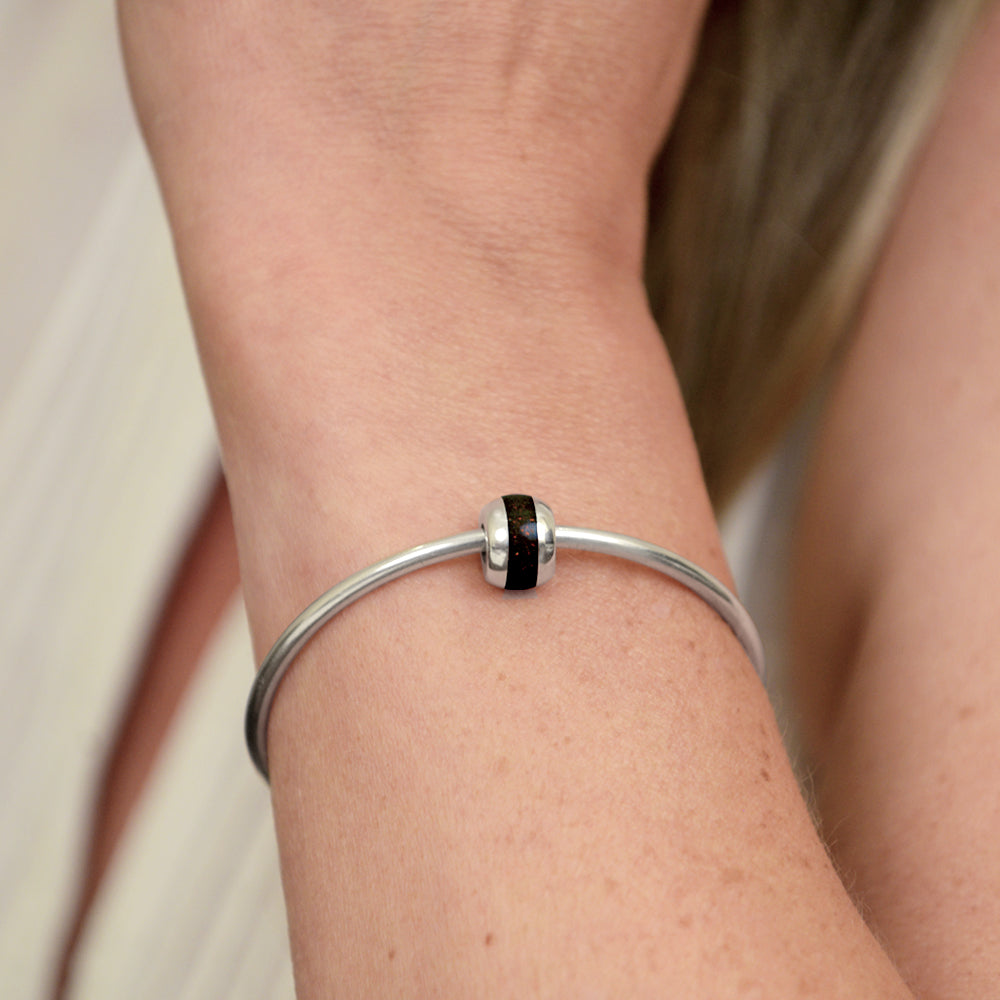 Opals & Ashes Memorial Charm modelled on Pandora bracelet. Sterling Silver with Black Fire opals blended with cremation ashes
