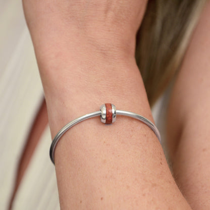 Opals & Ashes Memorial Charm modelled on Pandora bracelet. Sterling Silver with Ruby Red opals blended with cremation ashes