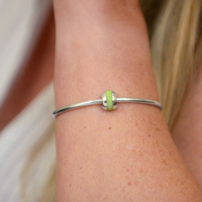 Opals & Ashes Memorial Charm modelled on Pandora bracelet. Sterling Silver with spring green opals blended with cremation ashes