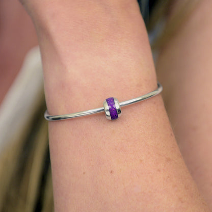 Opals & Ashes Memorial Charm modelled on Pandora bracelet. Sterling Silver with Lavender opals blended with cremation ashes