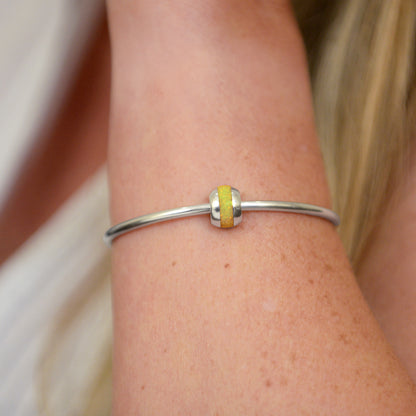 Opals & Ashes Memorial Charm modelled on Pandora bracelet. Sterling Silver with summer yellow opals blended with cremation ashes