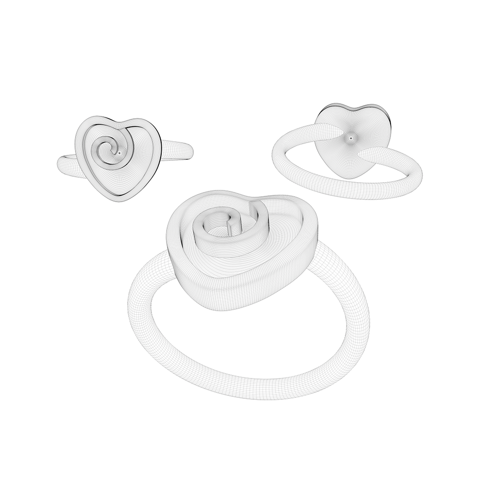 Opals and Ashes Spiral Heart Ring 3D Render, Showing the design of the ring