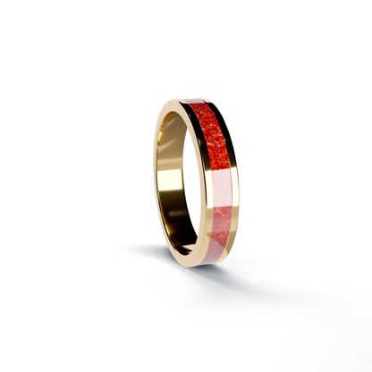 Opals & Ashes Circle Unisex Memorial Ring 9ct Yellow Gold. Ashes blended with Ruby Red Opals.