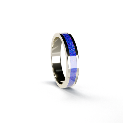 Opals & Ashes Circle Unisex Memorial Ring 9ct White Gold. Ashes blended with Royal Blue Opals.
