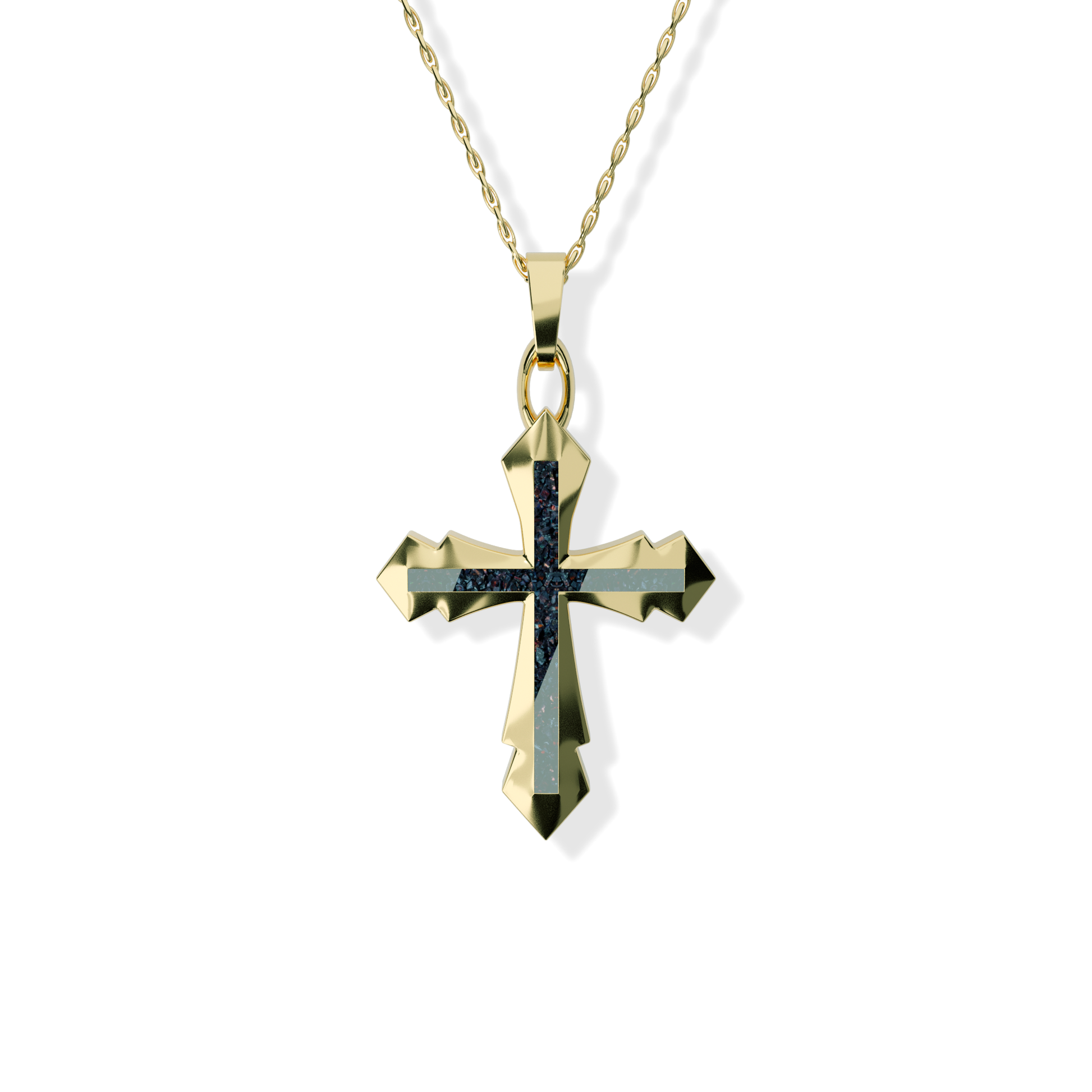 Opals & Ashes Decorative Cross Unisex Memorial Pendant 9ct Yellow Gold. Ashes blended with Black Fire Opals.
