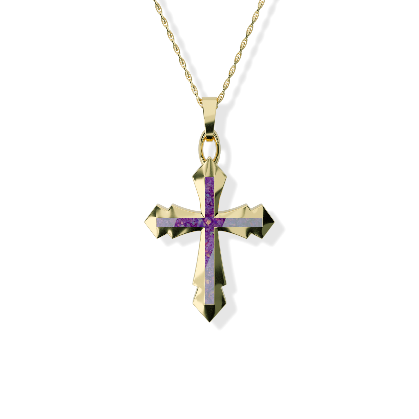 Opals & Ashes Decorative Cross Unisex Memorial Pendant 9ct Yellow Gold. Ashes blended with Lavender Opals.