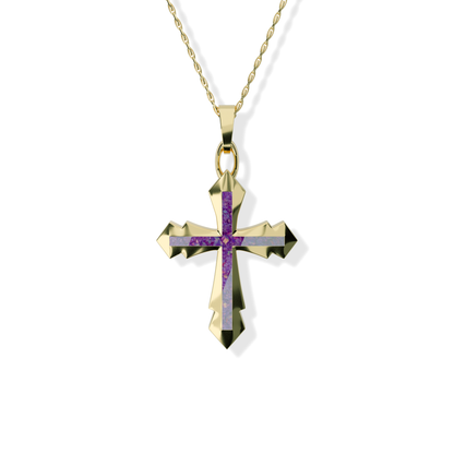 Opals & Ashes Decorative Cross Unisex Memorial Pendant 9ct Yellow Gold. Ashes blended with Lavender Opals.