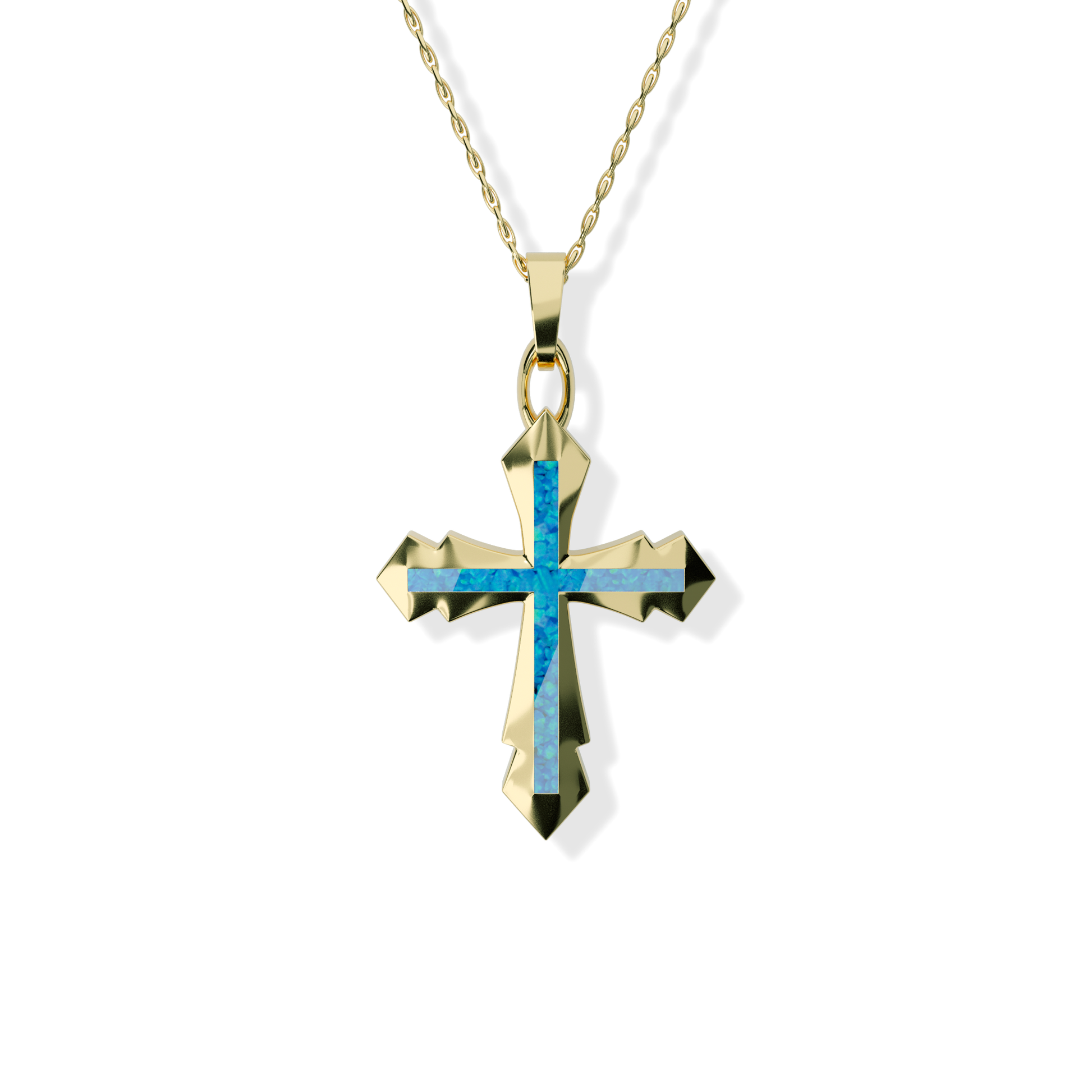 Opals & Ashes Decorative Cross Unisex Memorial Pendant 9ct Yellow Gold. Ashes blended with Pacific Blue Opals.