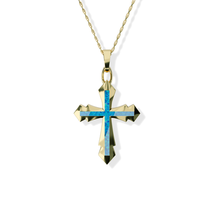 Opals & Ashes Decorative Cross Unisex Memorial Pendant 9ct Yellow Gold. Ashes blended with Pacific Blue Opals.