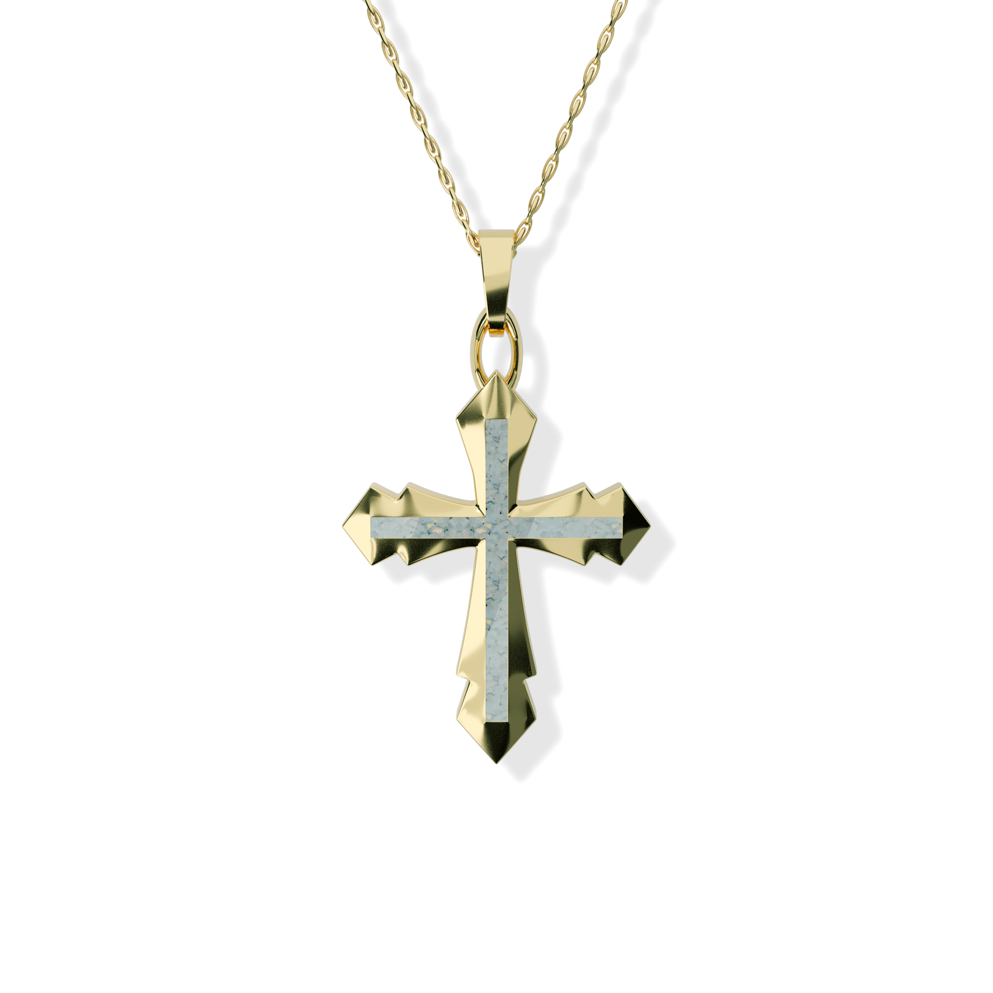 Opals & Ashes Decorative Cross Unisex Memorial Pendant 9ct Yellow Gold. Ashes blended with Pearl White Opals.