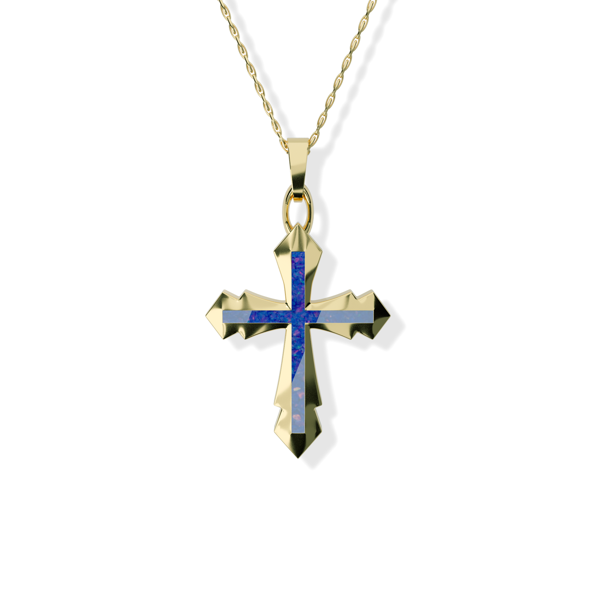 Opals & Ashes Decorative Cross Unisex Memorial Pendant 9ct Yellow Gold. Ashes blended with Royal Blue Opals.