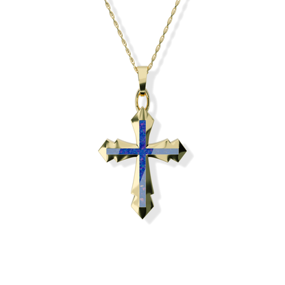 Opals & Ashes Decorative Cross Unisex Memorial Pendant 9ct Yellow Gold. Ashes blended with Royal Blue Opals.