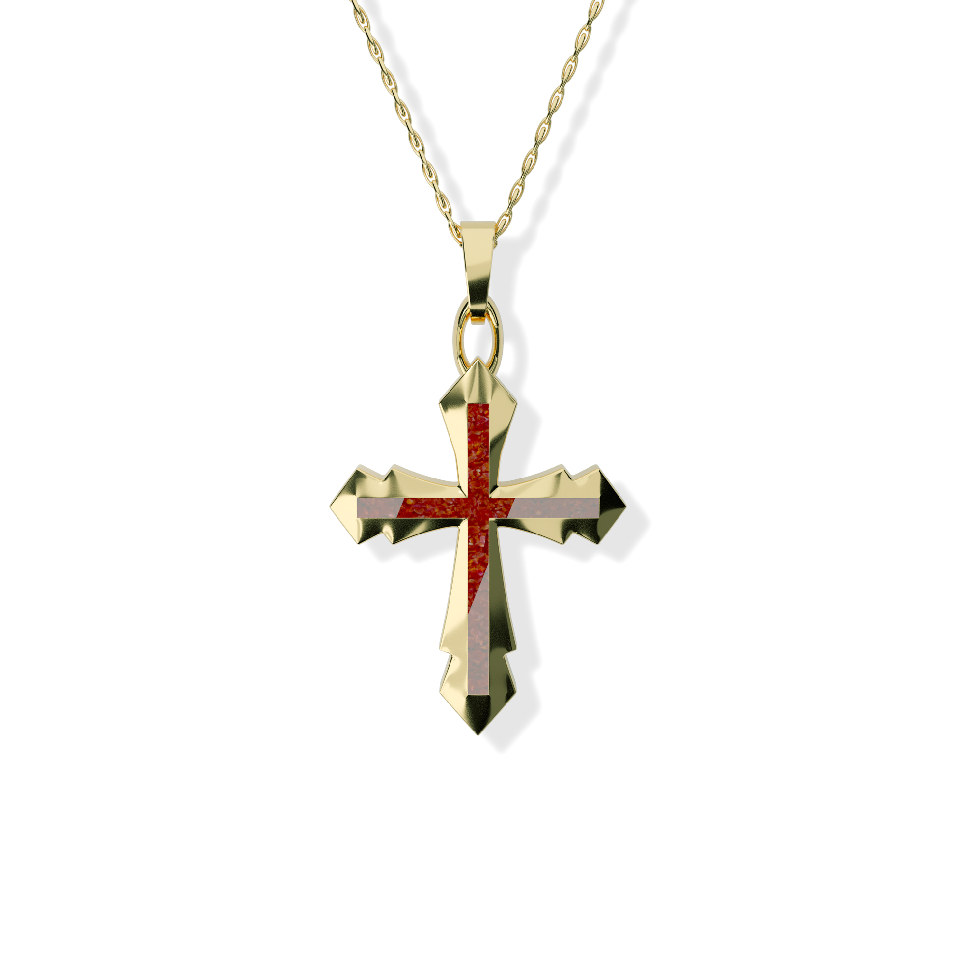 Opals & Ashes Decorative Cross Unisex Memorial Pendant 9ct Yellow Gold. Ashes blended with Ruby Red Opals.