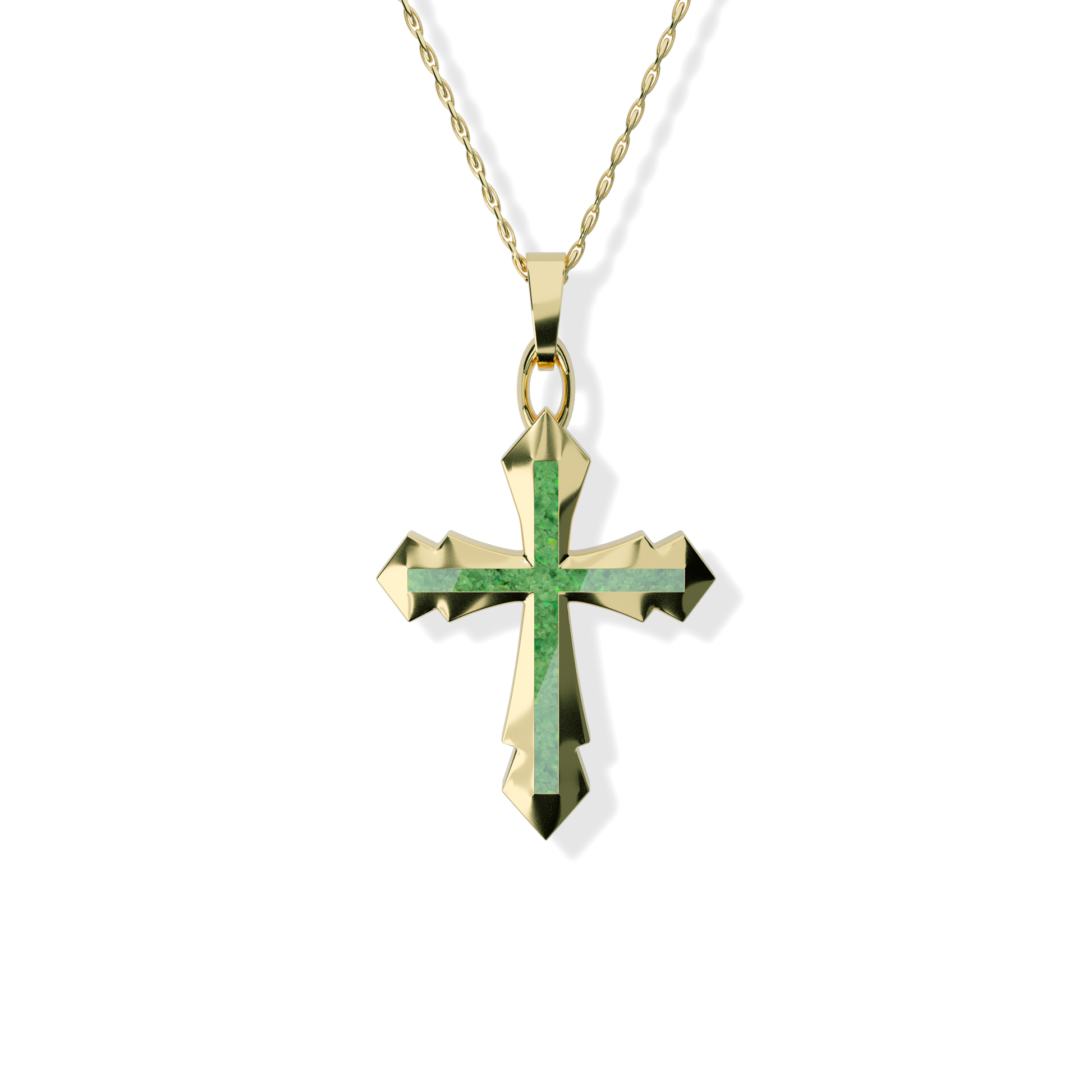 Opals & Ashes Decorative Cross Unisex Memorial Pendant 9ct Yellow Gold. Ashes blended with Spring Green Opals.