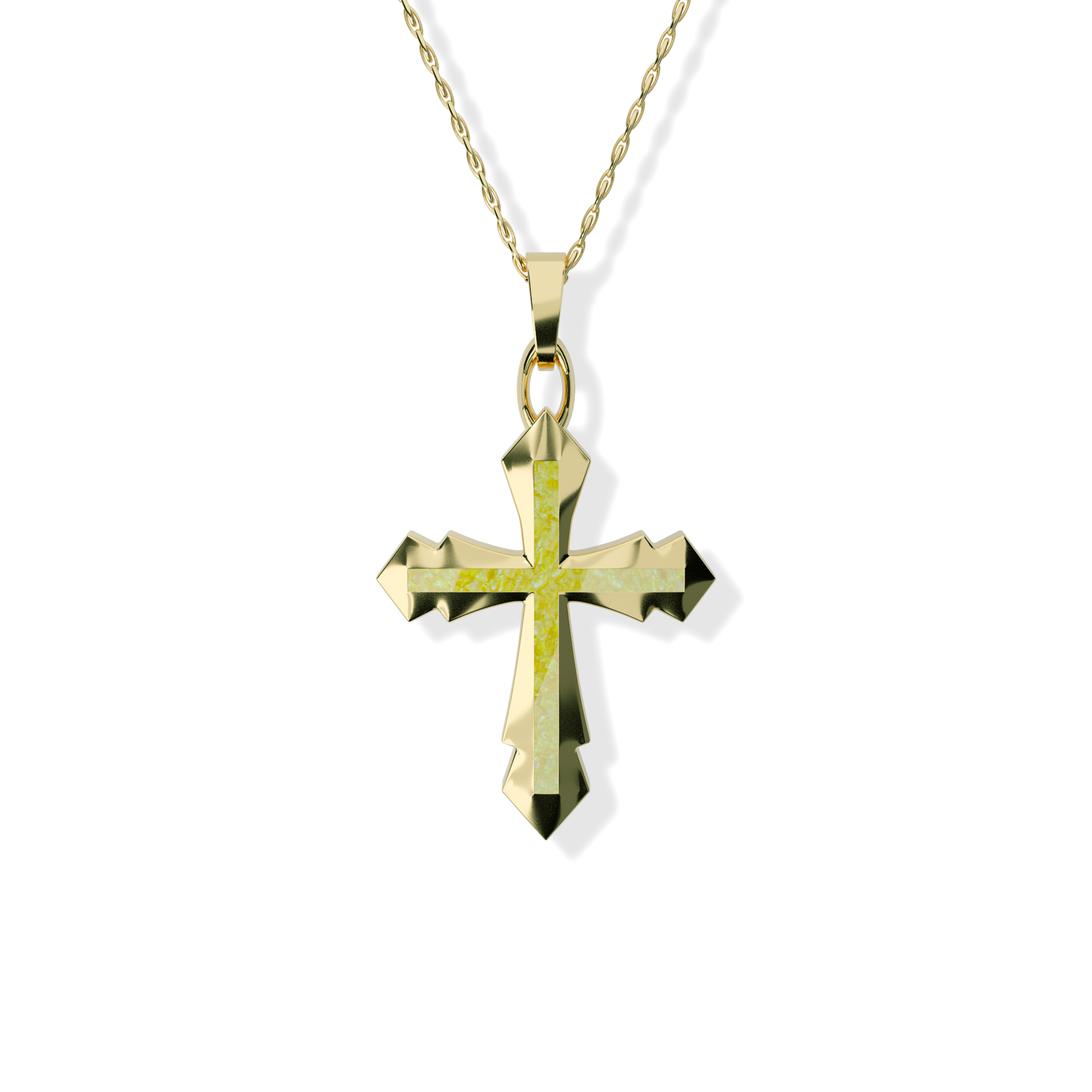 Opals & Ashes Decorative Cross Unisex Memorial Pendant 9ct Yellow Gold. Ashes blended with Summer Yellow Opals.