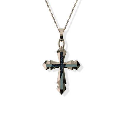 Opals & Ashes Decorative Cross Unisex Memorial Pendant 9ct Rose Gold. Ashes blended with Black Fire Opals.