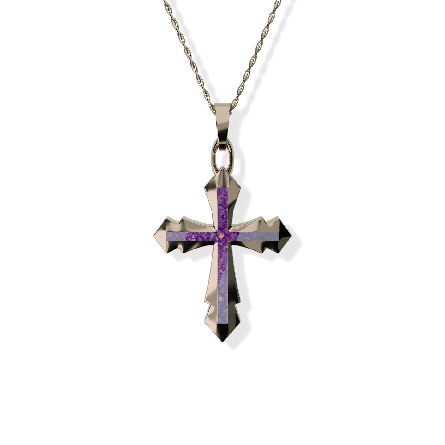 Opals & Ashes Decorative Cross Unisex Memorial Pendant 9ct Rose Gold. Ashes blended with Lavender Opals.