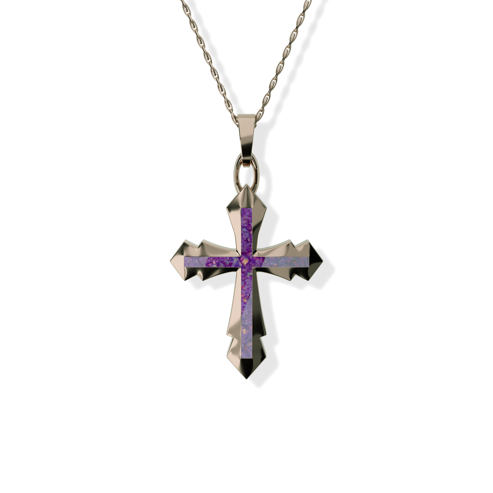 Opals & Ashes Decorative Cross Unisex Memorial Pendant 9ct Rose Gold. Ashes blended with Lavender Opals.