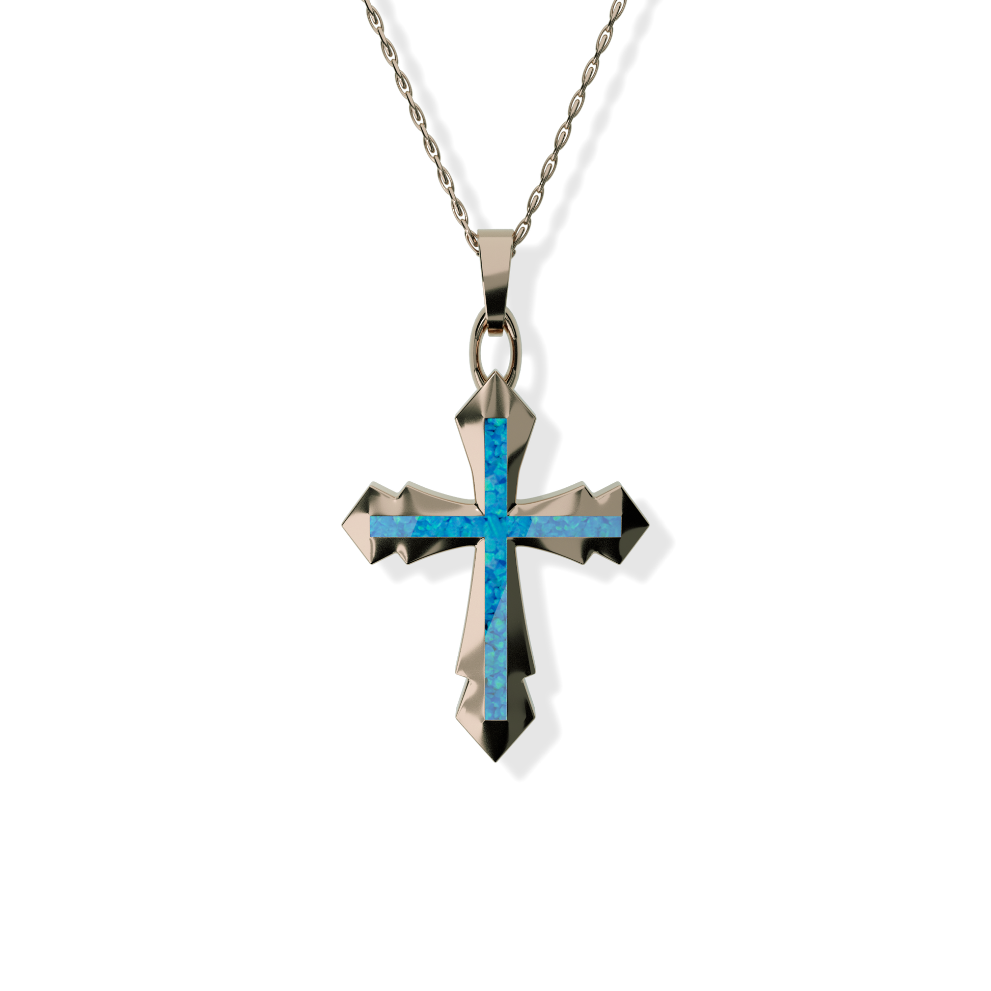 Opals & Ashes Decorative Cross Unisex Memorial Pendant 9ct Rose Gold. Ashes blended with Pacific Blue Opals.