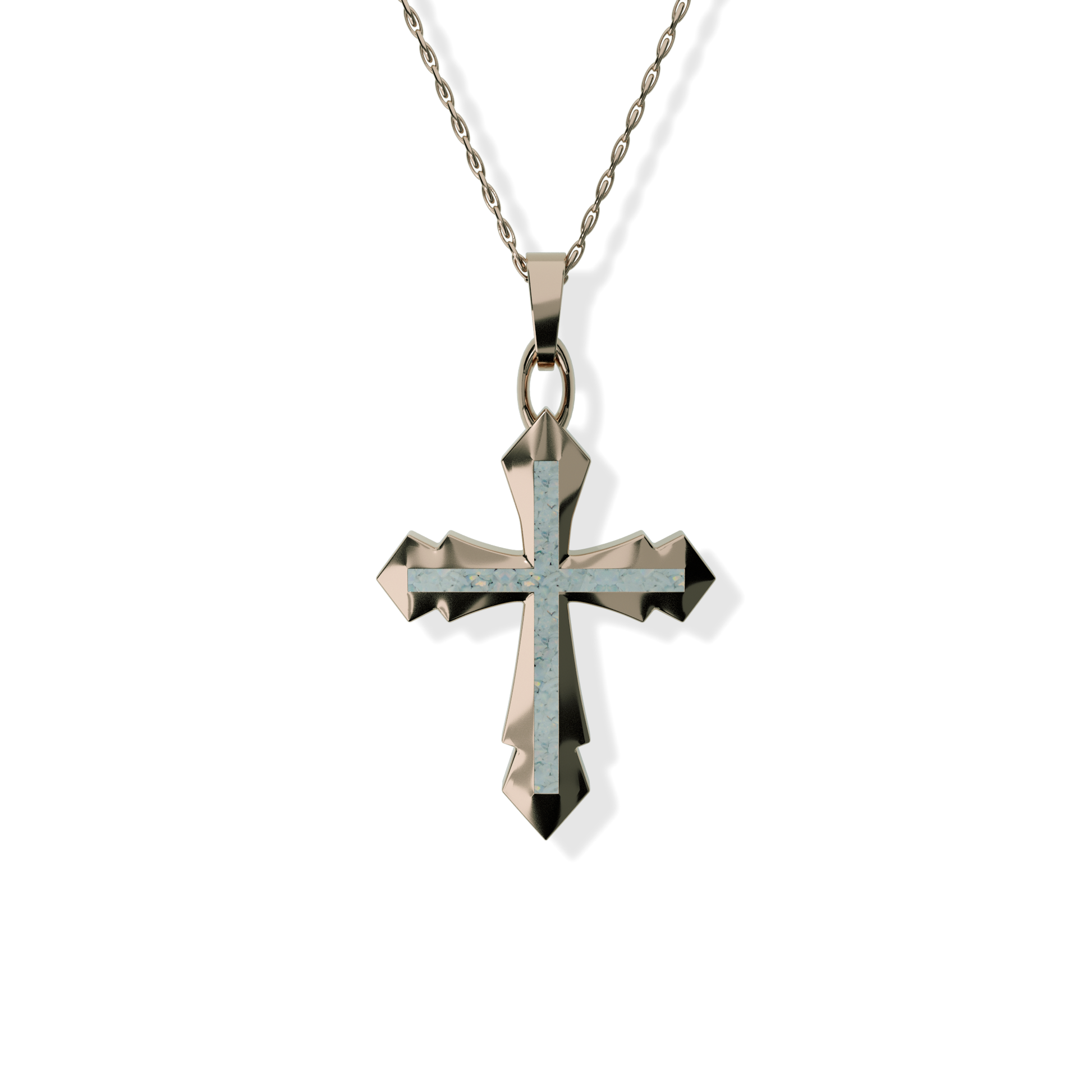 Opals & Ashes Decorative Cross Unisex Memorial Pendant 9ct Rose Gold. Ashes blended with Pearl White Opals.