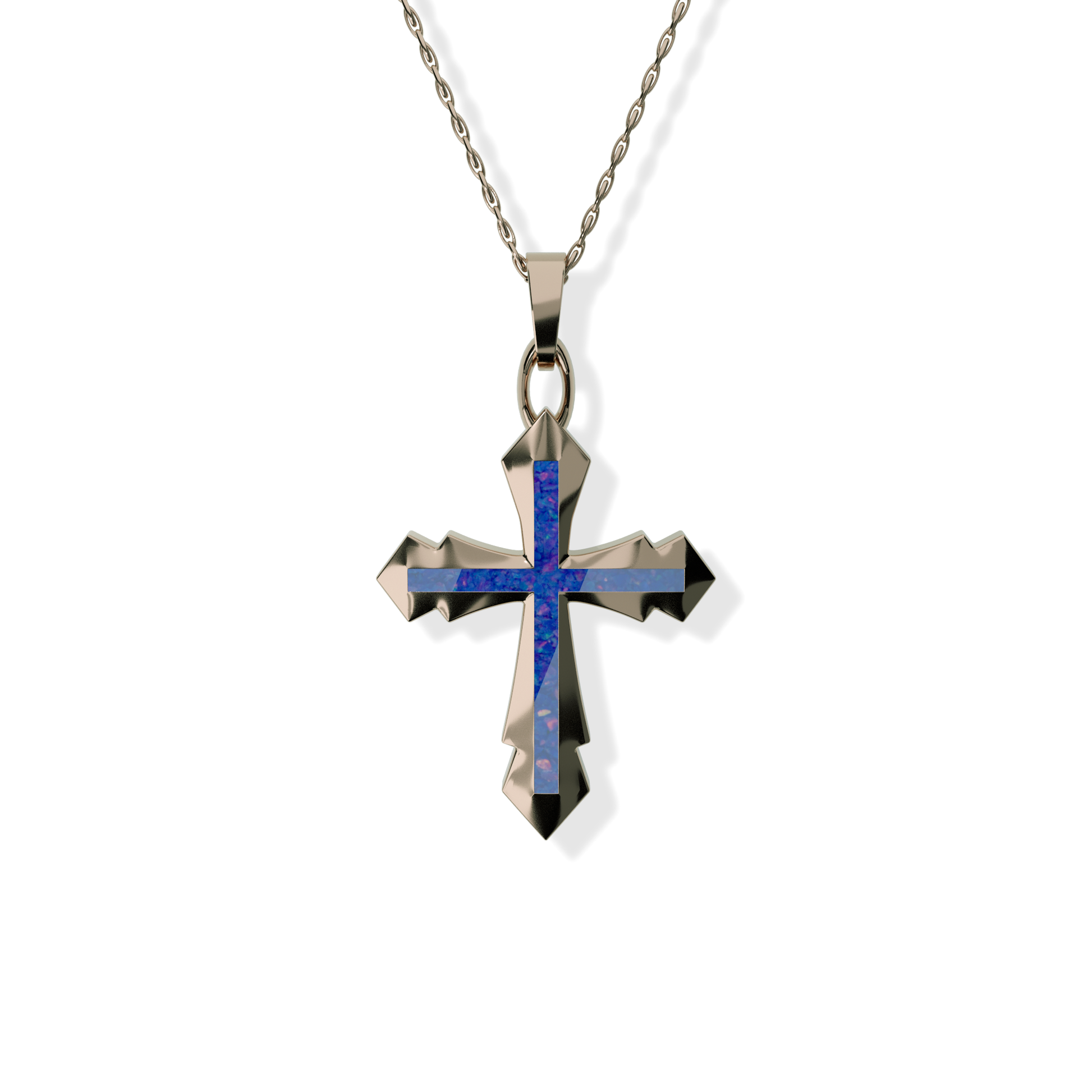 Opals & Ashes Decorative Cross Unisex Memorial Pendant 9ct Rose Gold. Ashes blended with Royal Blue Opals.
