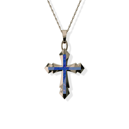 Opals & Ashes Decorative Cross Unisex Memorial Pendant 9ct Rose Gold. Ashes blended with Royal Blue Opals.
