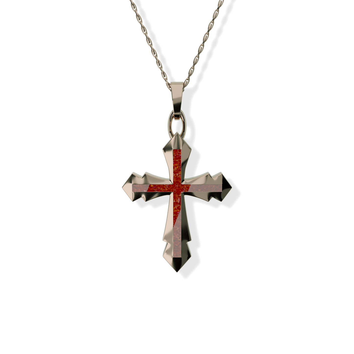 Opals & Ashes Decorative Cross Unisex Memorial Pendant 9ct Rose Gold. Ashes blended with Ruby Red Opals.