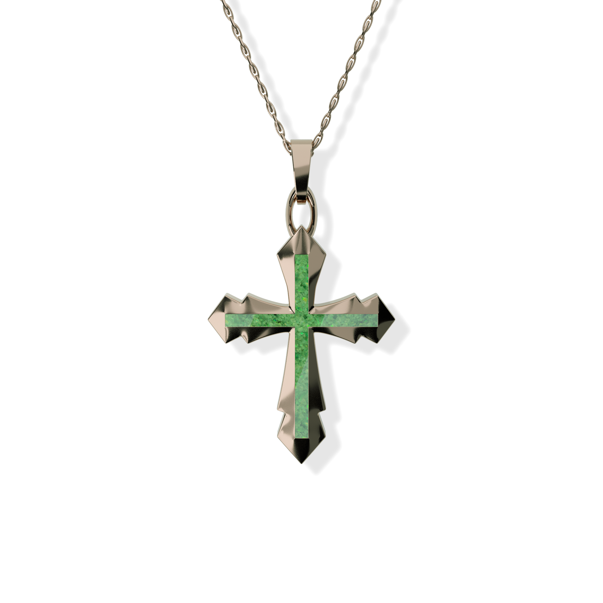 Opals & Ashes Decorative Cross Unisex Memorial Pendant 9ct Rose Gold. Ashes blended with Spring Green Opals.