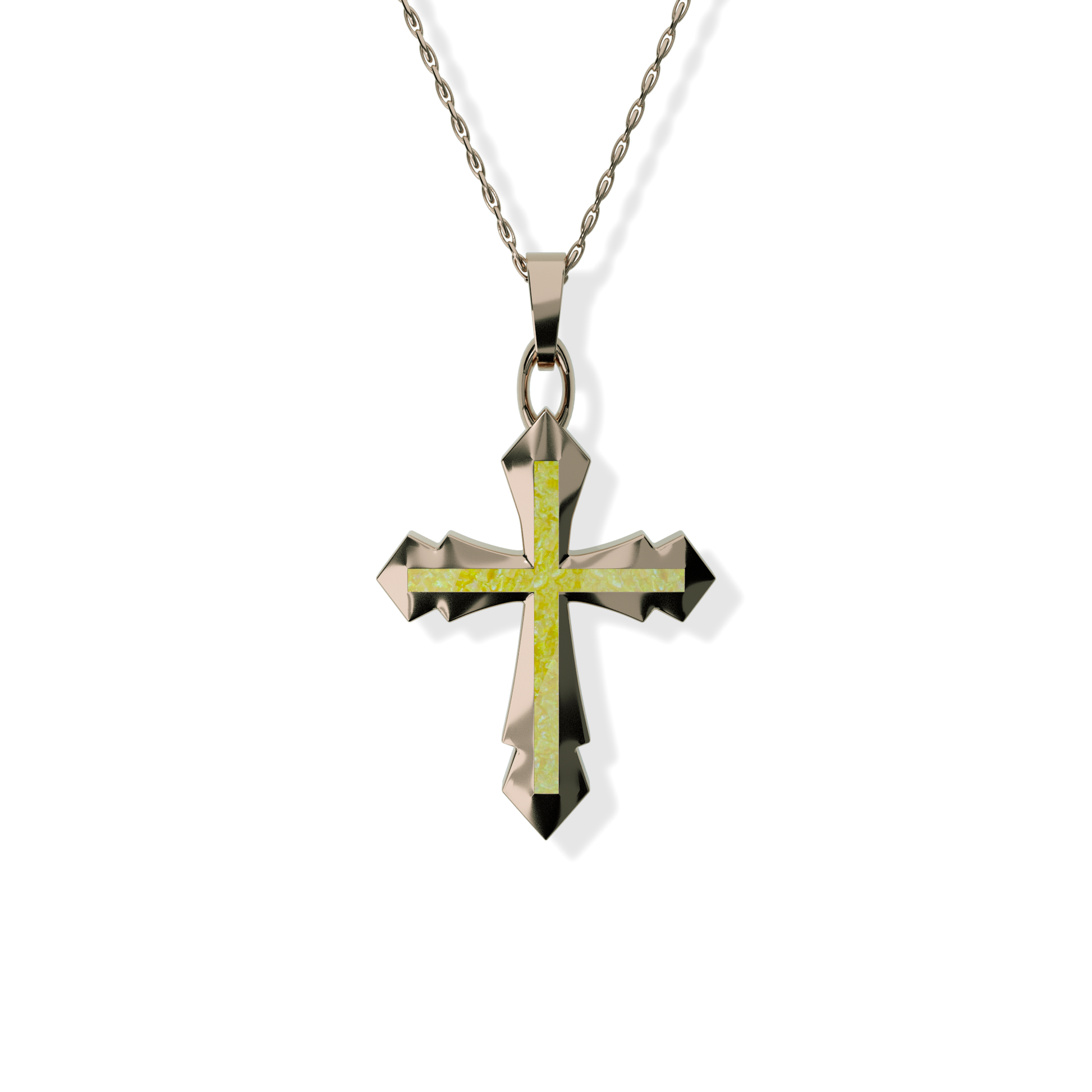 Opals & Ashes Decorative Cross Unisex Memorial Pendant 9ct Rose Gold. Ashes blended with Summer Yellow Opals.