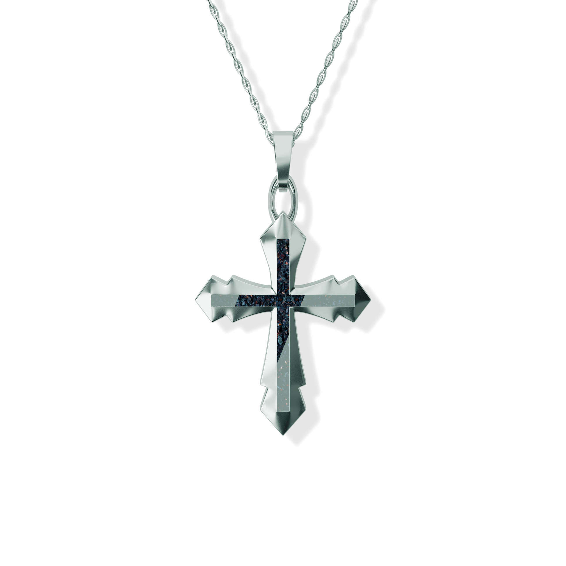 Opals & Ashes Decorative Cross Unisex Memorial Pendant Silver. Ashes blended with Black Fire Opals.
