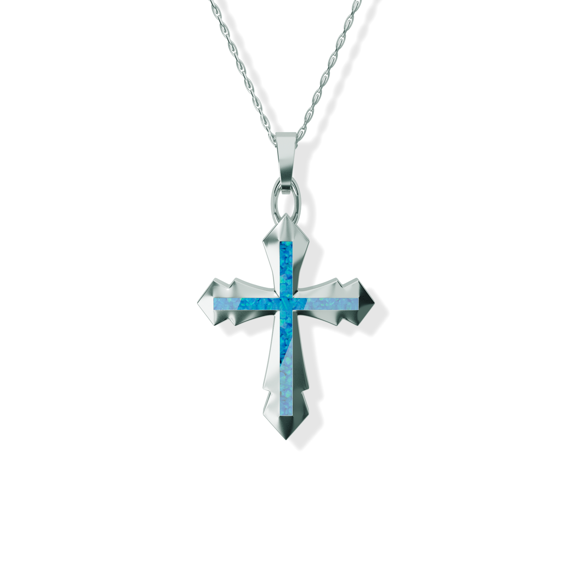 Opals & Ashes Decorative Cross Unisex Memorial Pendant Silver. Ashes blended with Pacific Blue Opals.