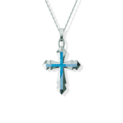 Opals & Ashes Decorative Cross Unisex Memorial Pendant Silver. Ashes blended with Pacific Blue Opals.