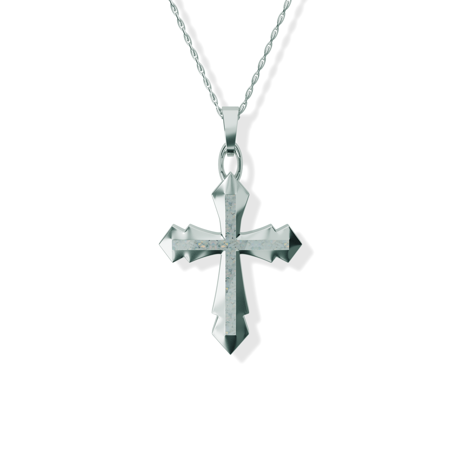 Opals & Ashes Decorative Cross Unisex Memorial Pendant Silver. Ashes blended with Pearl White Opals.