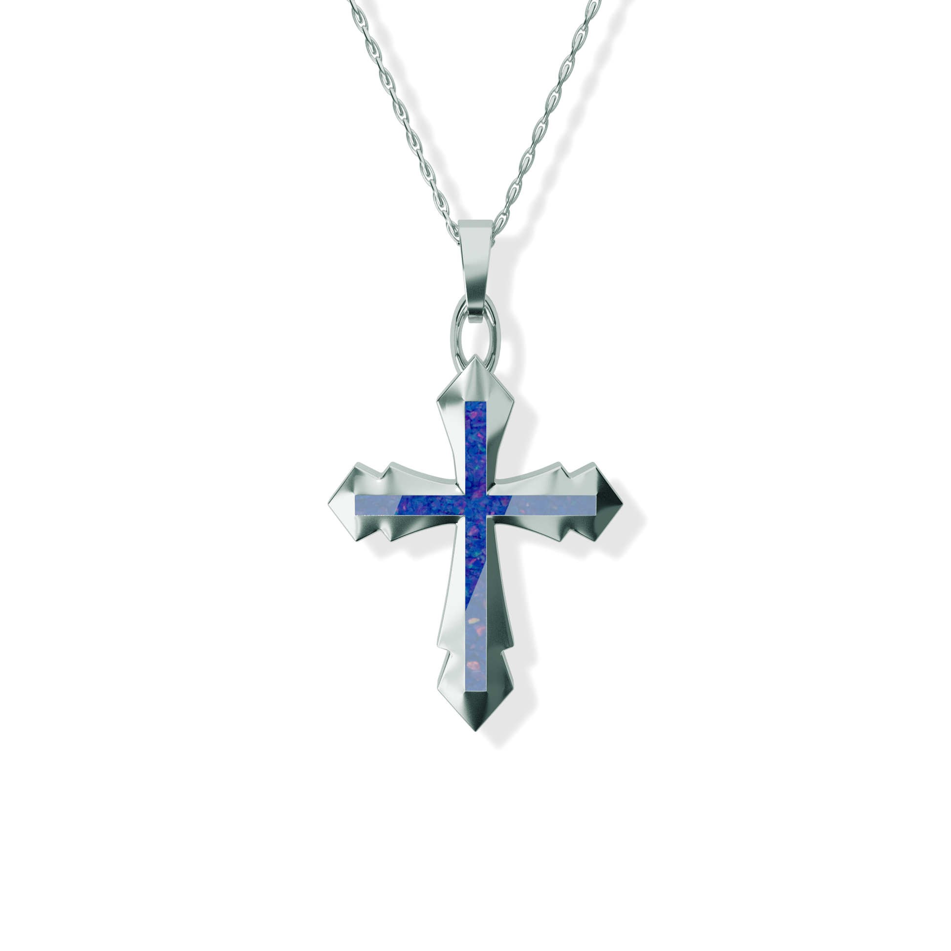Opals & Ashes Decorative Cross Unisex Memorial Pendant Silver. Ashes blended with Royal Blue Opals.