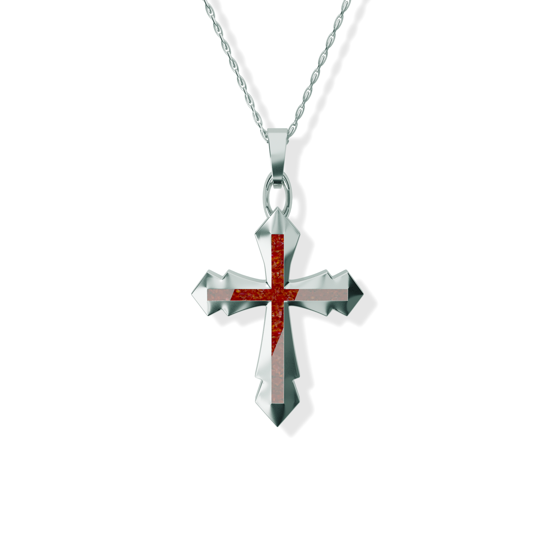Opals & Ashes Decorative Cross Unisex Memorial Pendant Silver. Ashes blended with Ruby Red Opals.