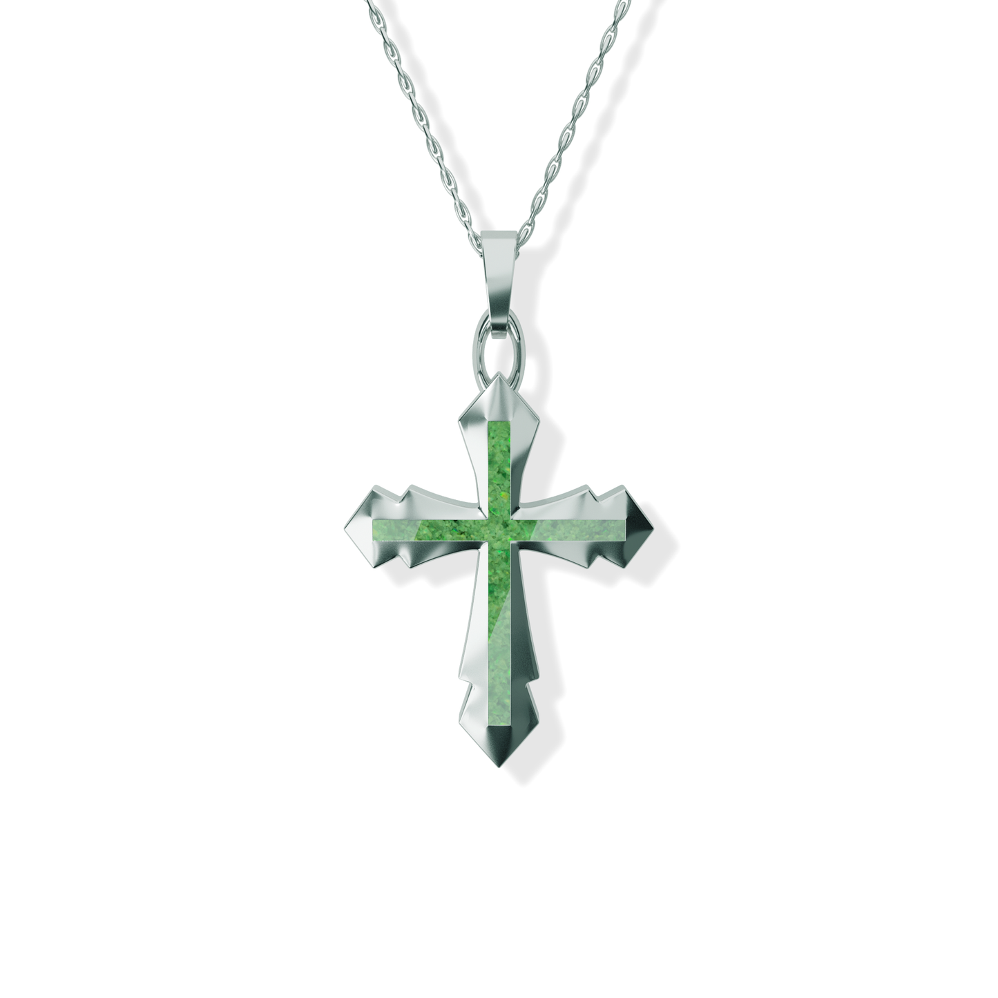 Opals & Ashes Decorative Cross Unisex Memorial Pendant Silver. Ashes blended with Spring Green Opals.