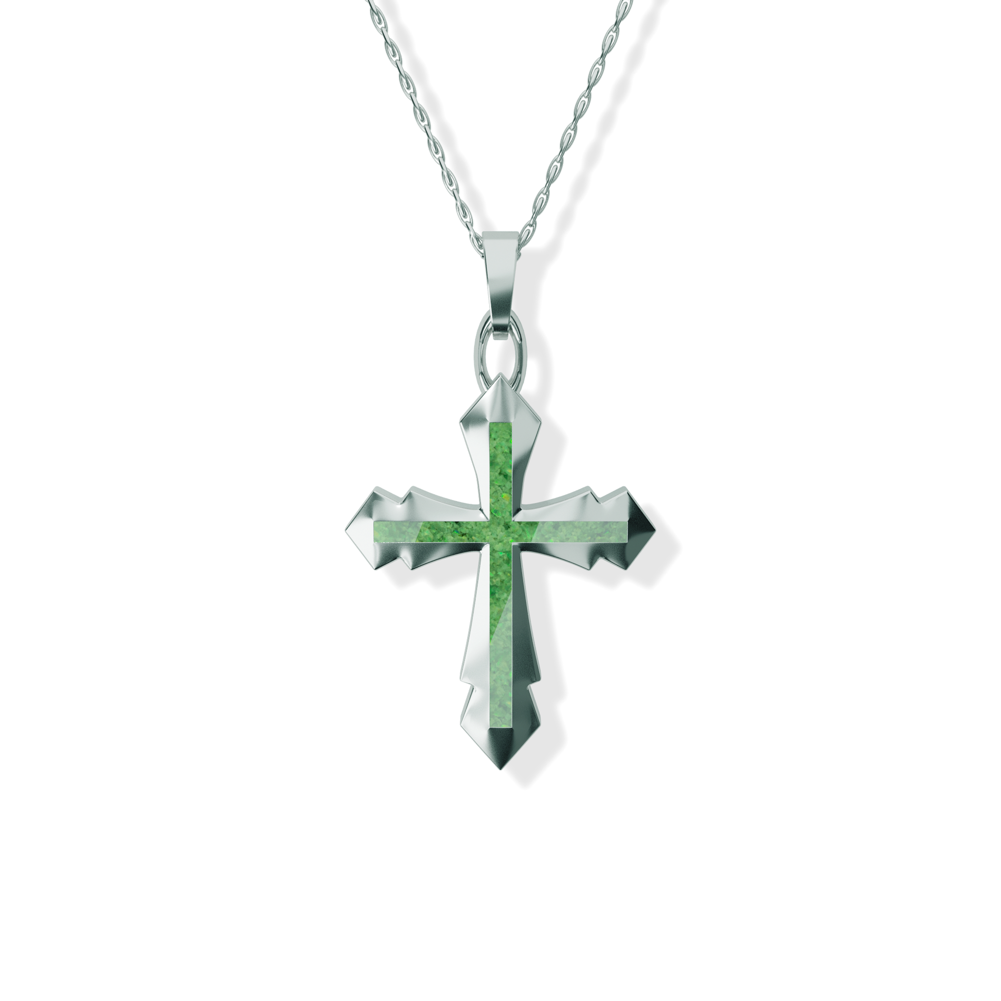 Opals & Ashes Decorative Cross Unisex Memorial Pendant Silver. Ashes blended with Spring Green Opals.