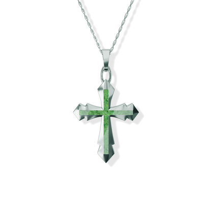 Opals & Ashes Decorative Cross Unisex Memorial Pendant Silver. Ashes blended with Spring Green Opals.