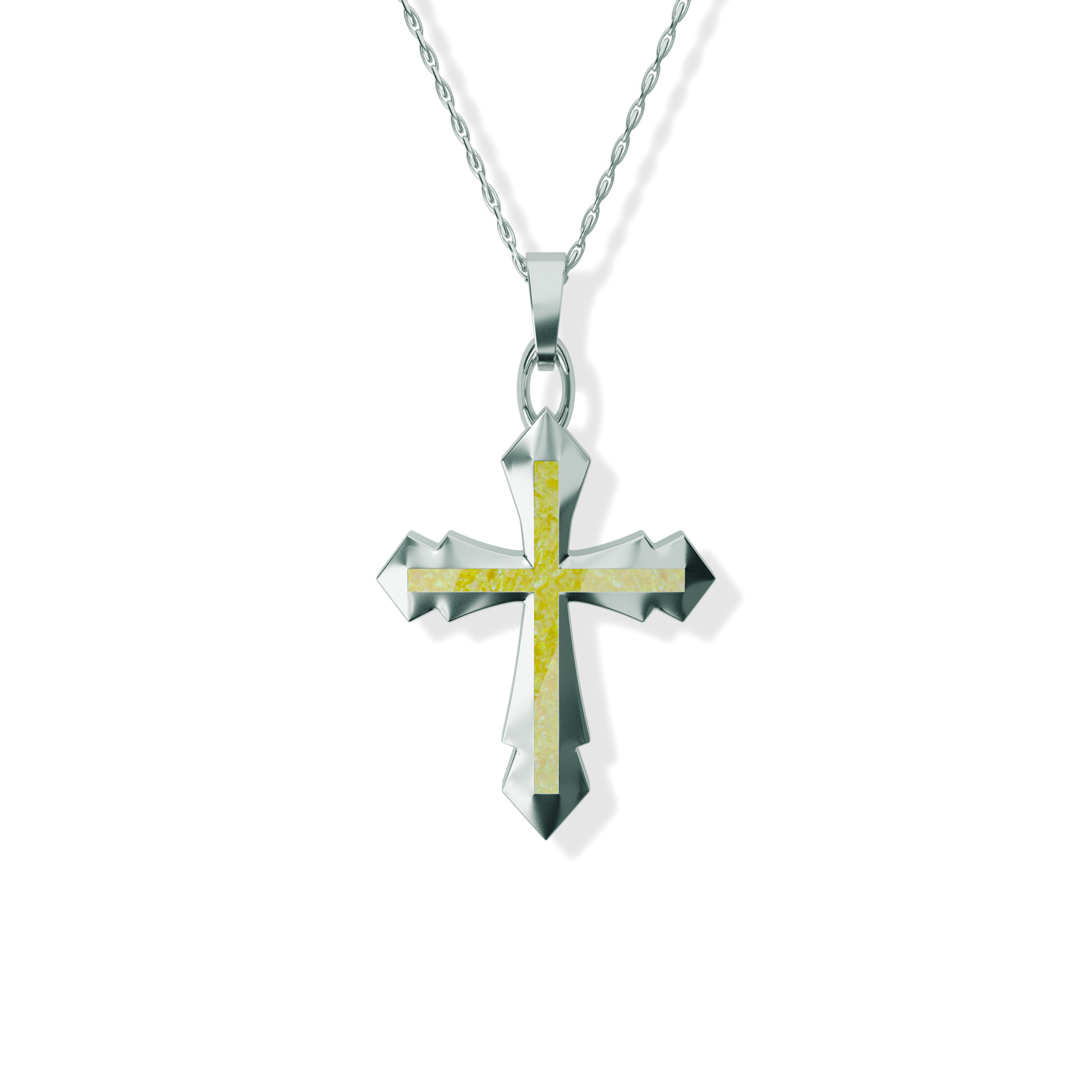 Opals & Ashes Decorative Cross Unisex Memorial Pendant Silver. Ashes blended with Summer Yellow Opals.