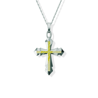 Opals & Ashes Decorative Cross Unisex Memorial Pendant Silver. Ashes blended with Summer Yellow Opals.