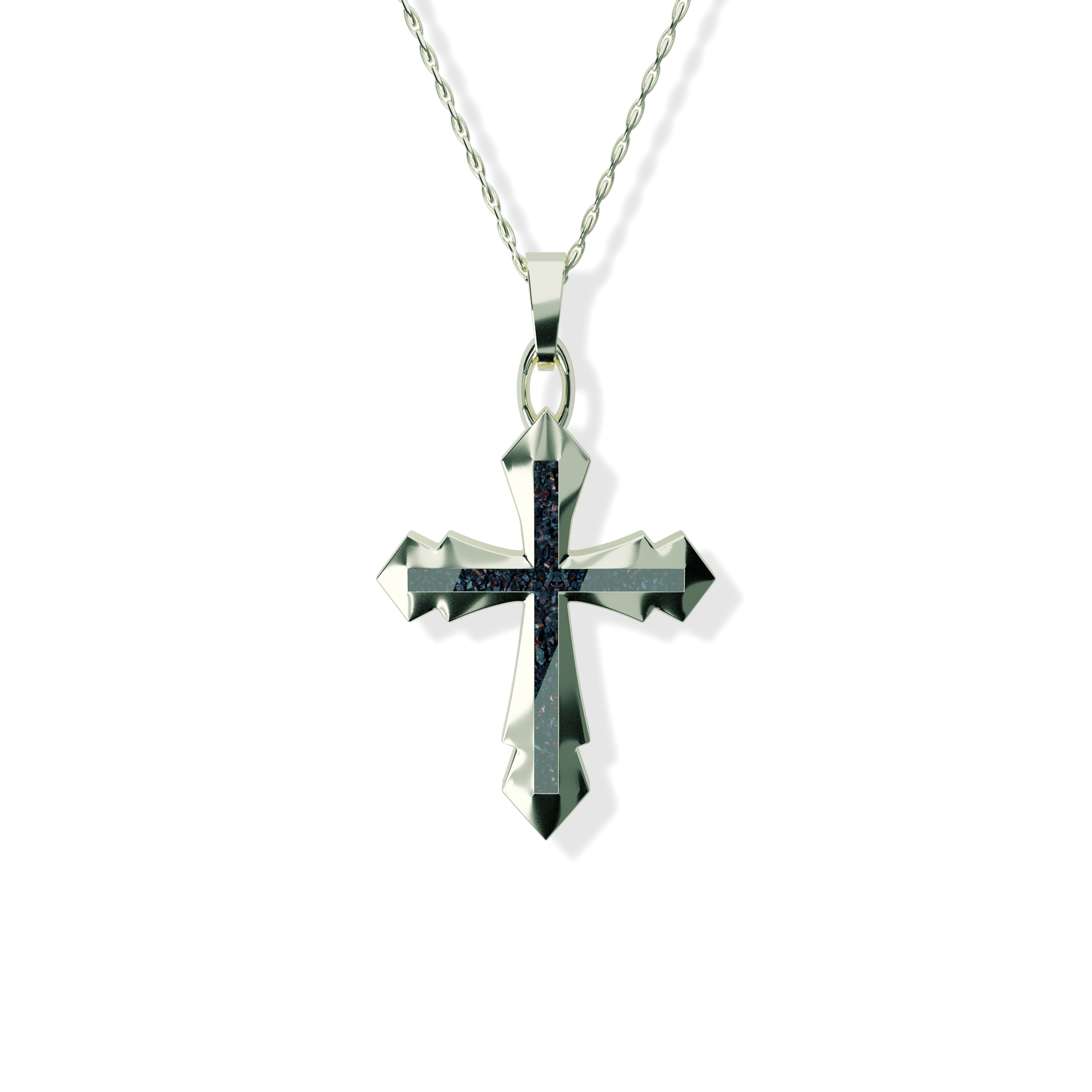 Opals & Ashes Decorative Cross Unisex Memorial Pendant 9ct White Gold. Ashes blended with Black Fire Opals.