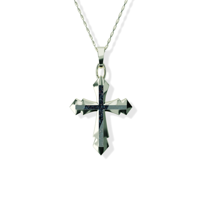 Opals & Ashes Decorative Cross Unisex Memorial Pendant 9ct White Gold. Ashes blended with Black Fire Opals.