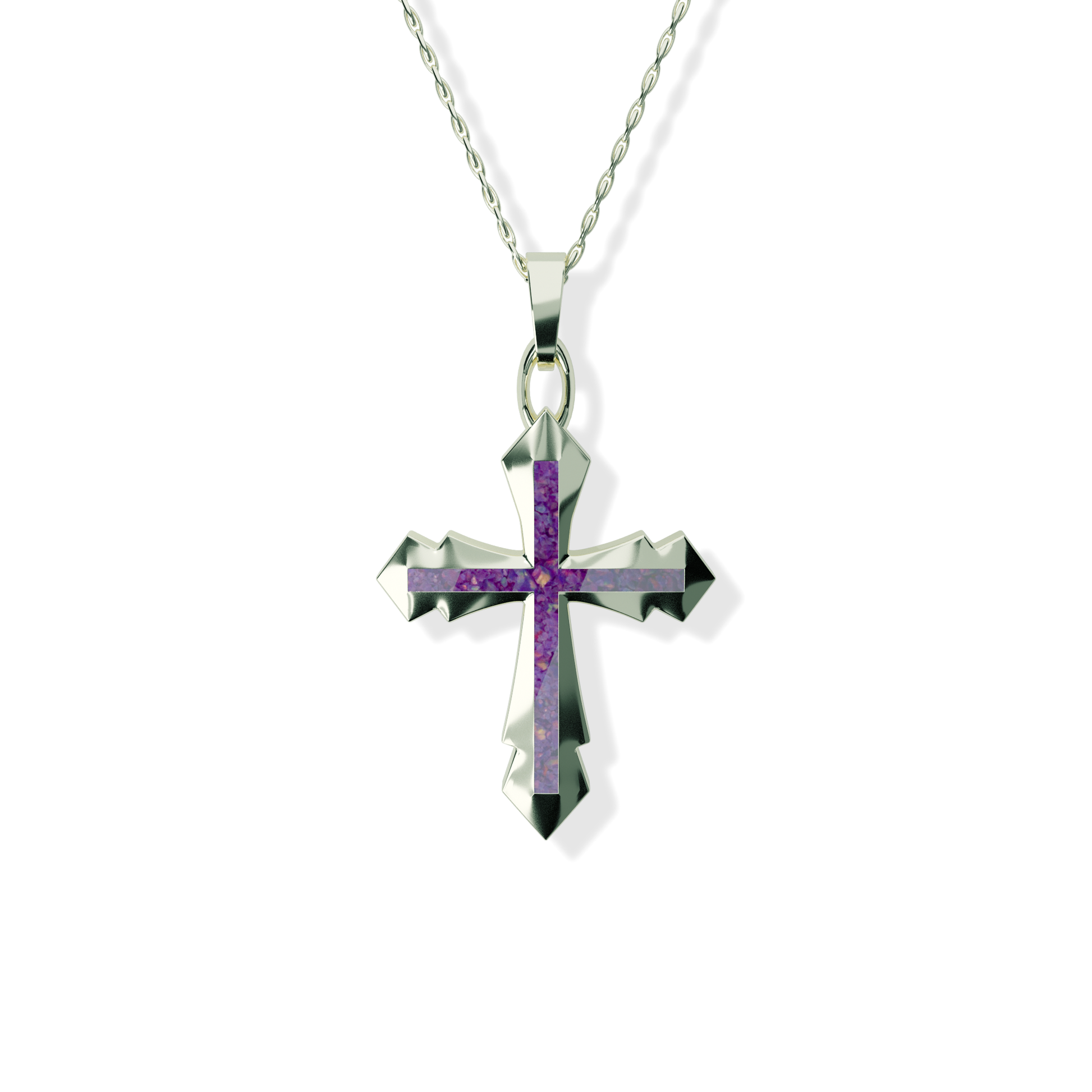 Opals & Ashes Decorative Cross Unisex Memorial Pendant 9ct White Gold. Ashes blended with Lavender Opals.