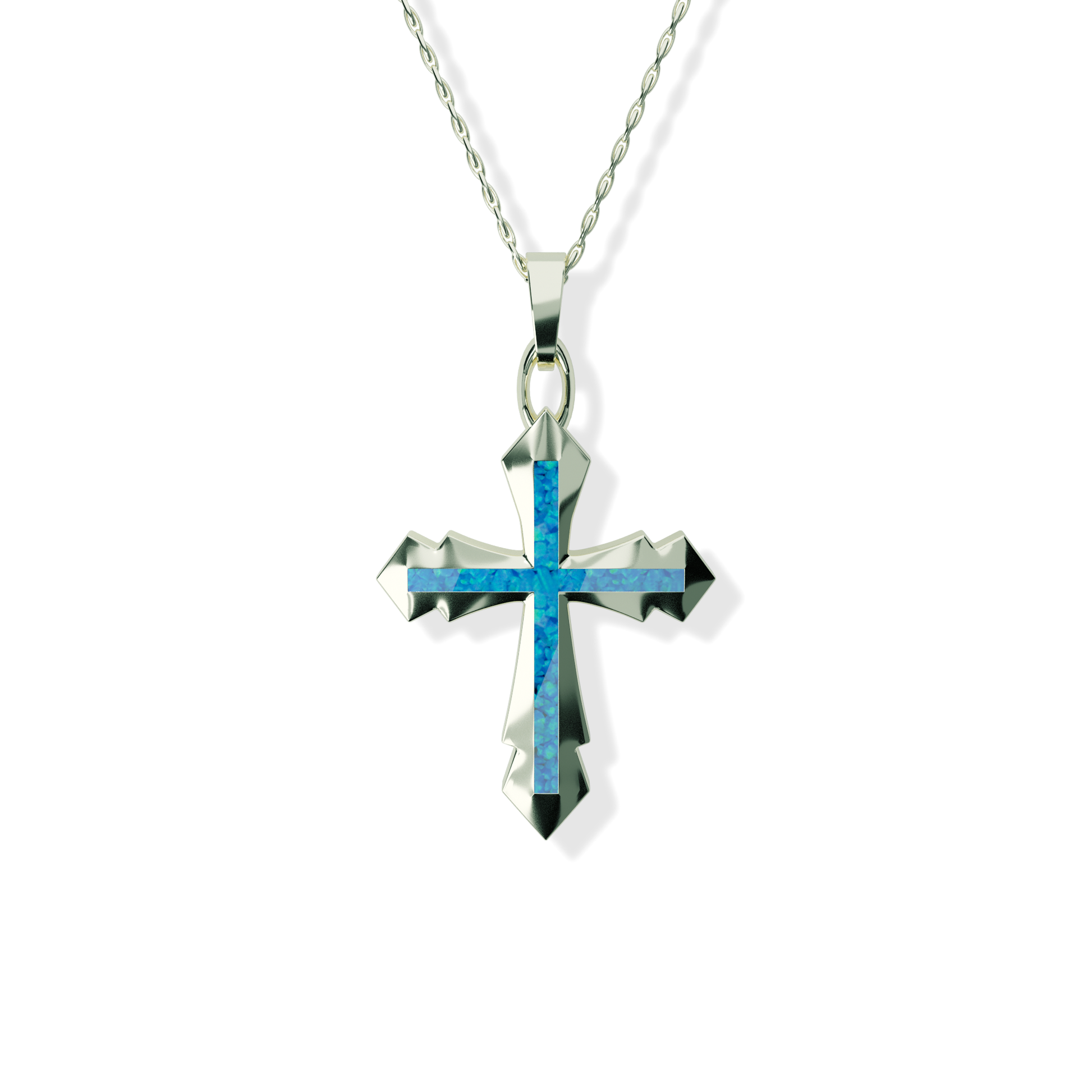 Opals & Ashes Decorative Cross Unisex Memorial Pendant 9ct White Gold. Ashes blended with Pacific Blue Opals.